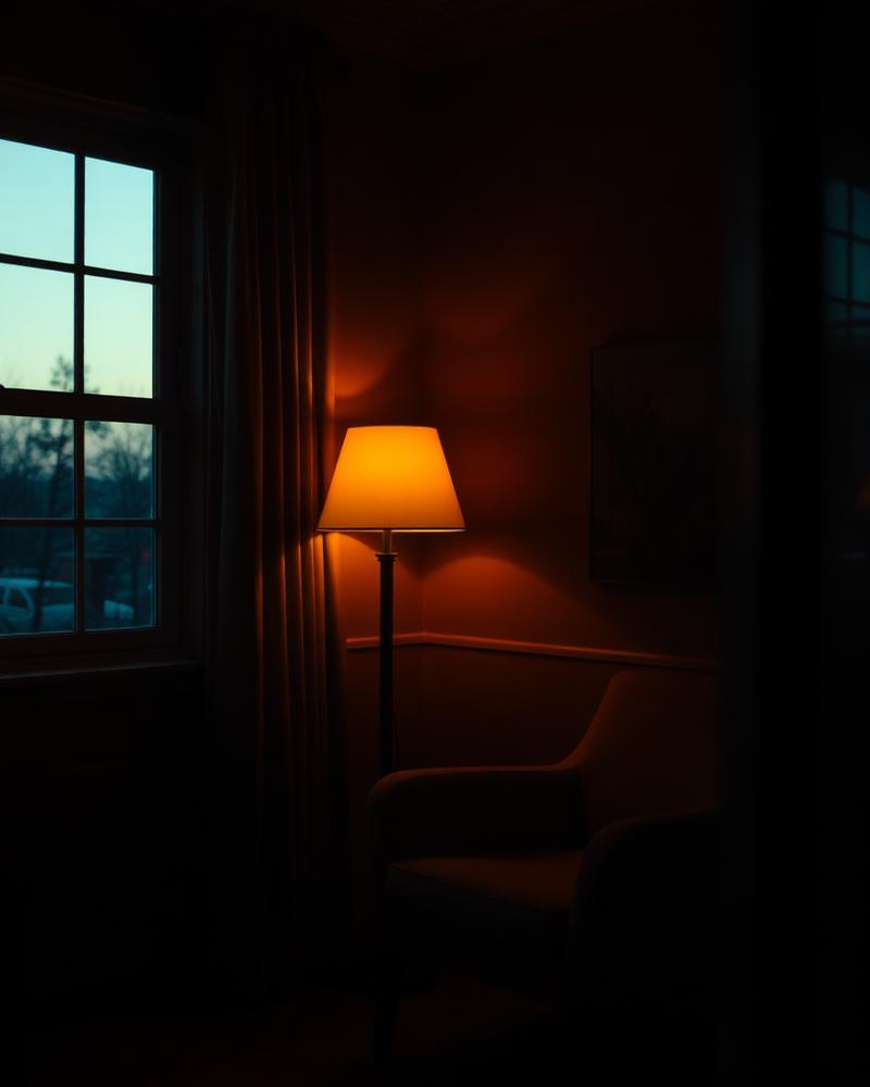 A home interior at dusk with a lit lamp