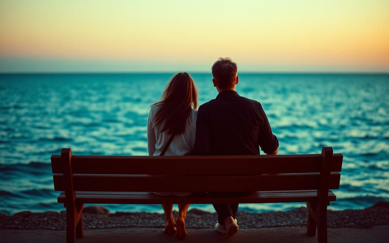 Two friends sitting on a bench facing the sea at dusk
