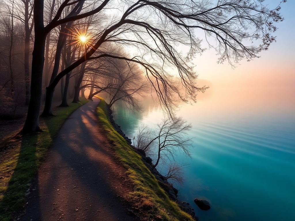 A quiet path along a lake at sunrise