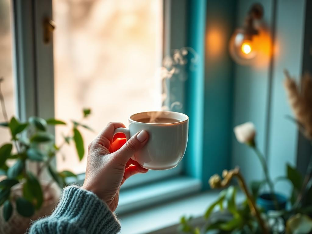 Hands holding a warm cup by a bright window