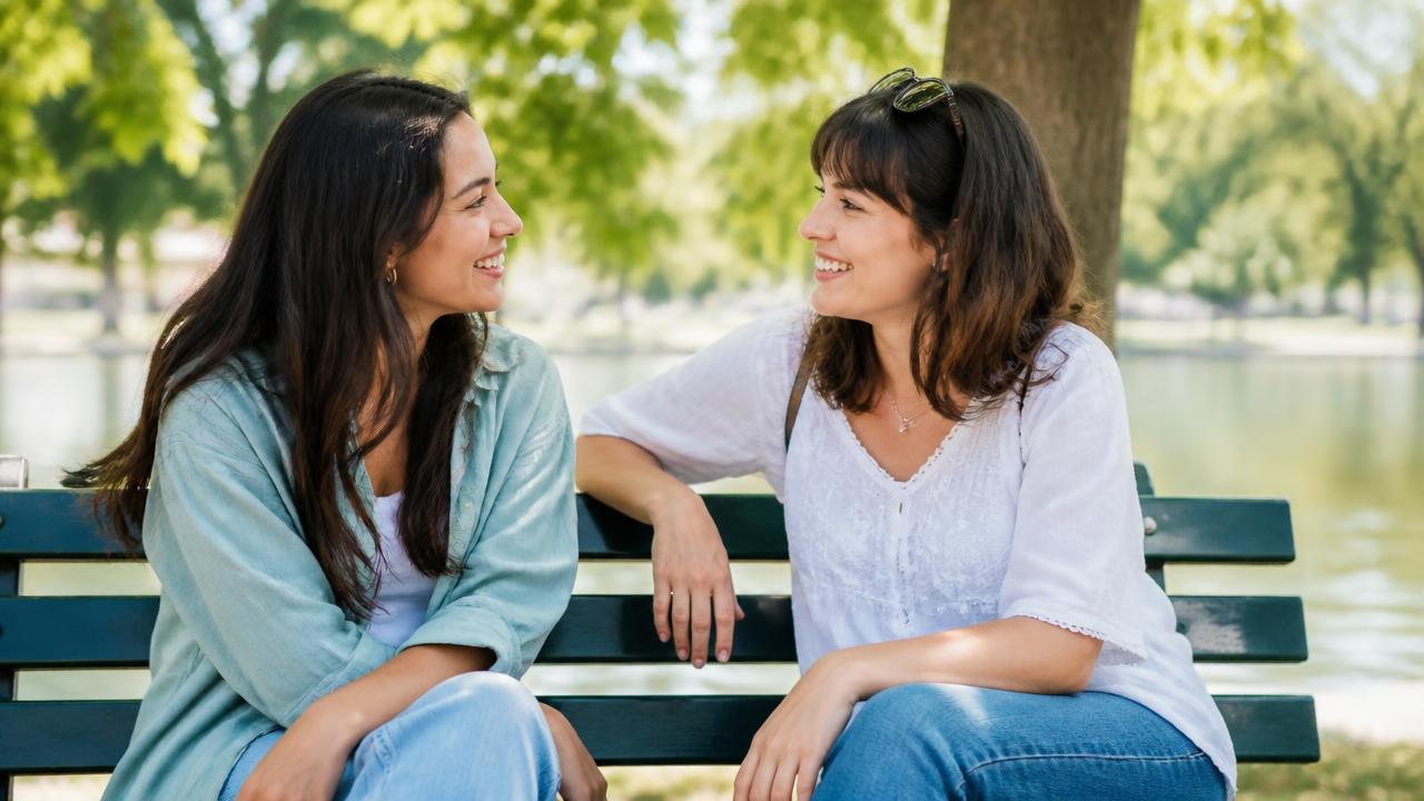 Two smiling friends sitting on a park bench in the sunshine, chatting