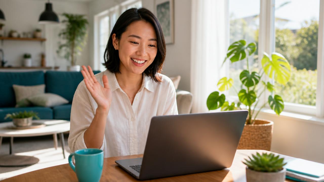 A person smiling and waving during a video call with a friend in a bright living room